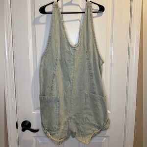 Free People We The Free High Roller Denim Pin Striped Overall Shortall Size L